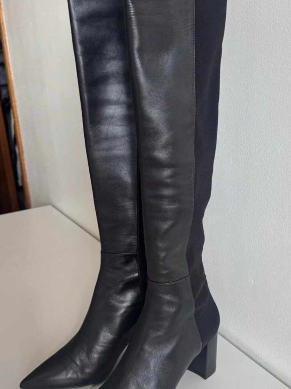 Stuart Weitzman Over Knee Block Heel Black Leather Women’s Pointed Toe Boot